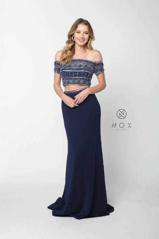 Long Two Piece Off The Shoulder Beaded Prom Dress