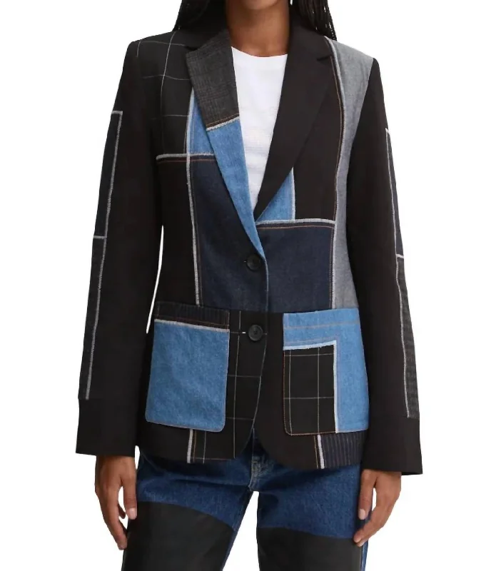 Color Block Suit Jacket In Black/denim