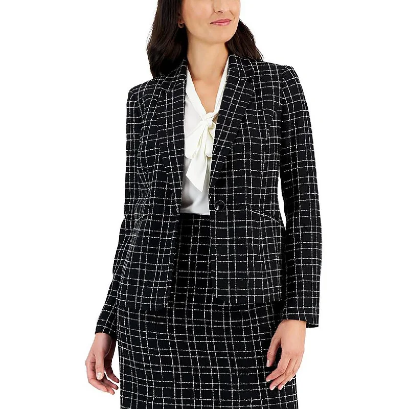 Petites Womens Plaid Office One-Button Blazer