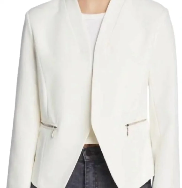 Zipper Pockets Collarless Open Front Blazer In White