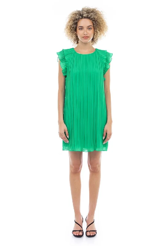 Flutter Sleeve Pleated Dress I Green