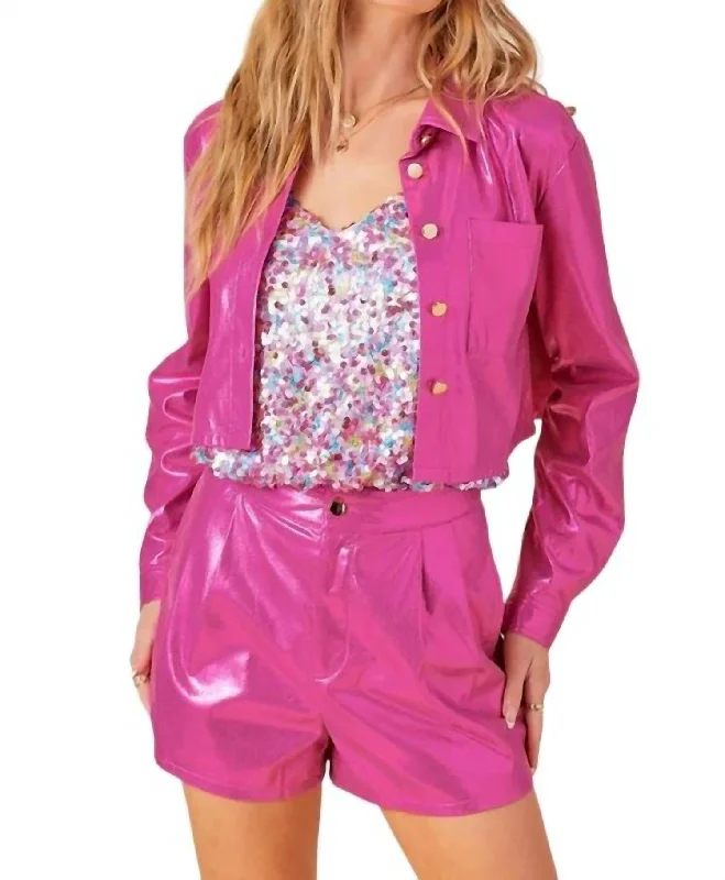 Metallic Button Down Shirt Jacket In Metallic Pink