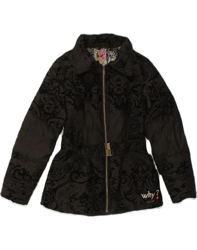 DESIGUAL Womens Padded Jacket IT 42 Medium Black Floral Polyester