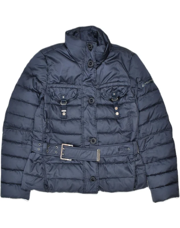 PEUTEREY Womens Belted Padded Jacket IT 46 Large Navy Blue Polyester