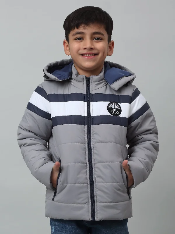 Boys Grey Hooded Neck Colour Blocked Casual Jacket For Winter