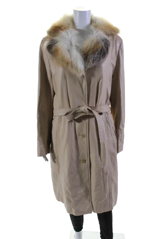 Damselle Womens Leather Fur Trim Button Down Belted Coat Beige