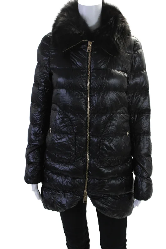 Herno Womens Fox Fur Trim Full Zipper Hooded Puffer Coat Black