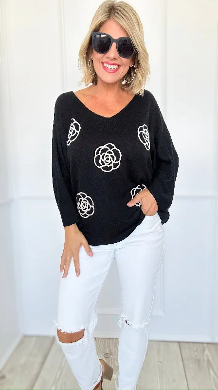 Camellia Charm Italian Sweater- Black