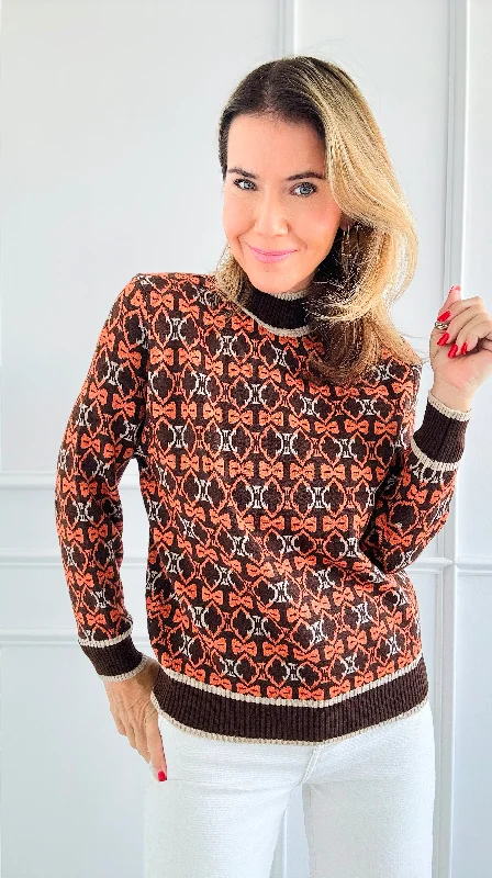 High Collar Bow Sweaters - Brown