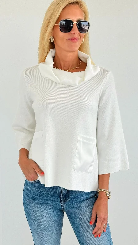 Contrast Satin Cowl Neck Sweater- Off White