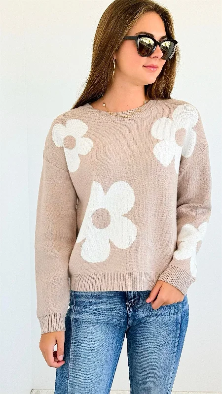 Flower Print Drop Sleeve Sweater - Beige