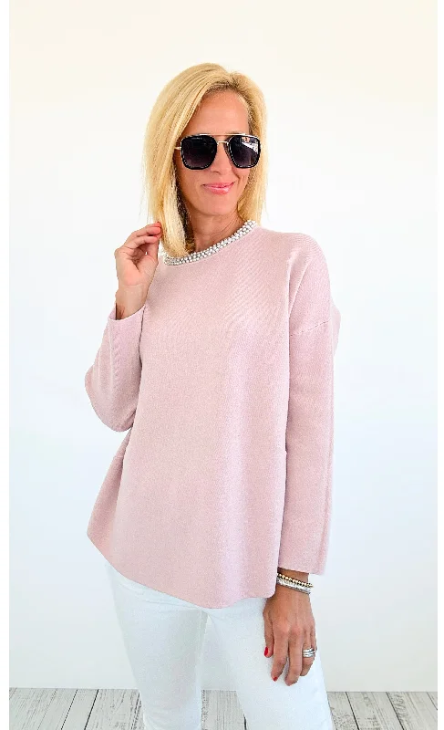 Pearl Detailed Italian Sweater- Blush