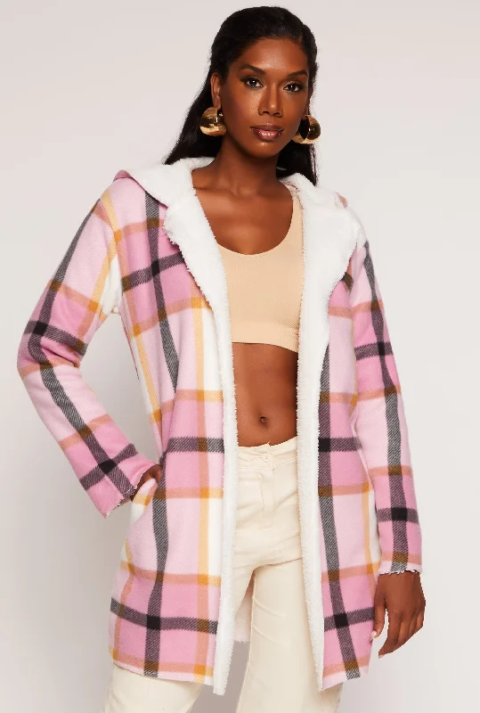 Plaid Sherpa Lined Hooded Coat