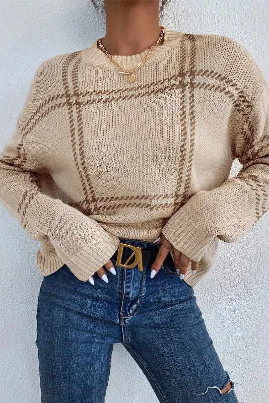 Plaid Drop Shoulder Sweater Beige