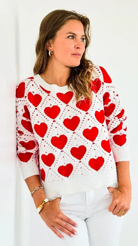 Hearts Knit Sweater-Red