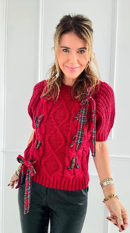 Plaid Lace-Up Cable Knit Sweater