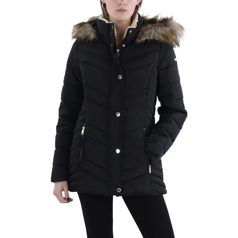 Womens Faux Fur Trim Hooded Puffer Jacket