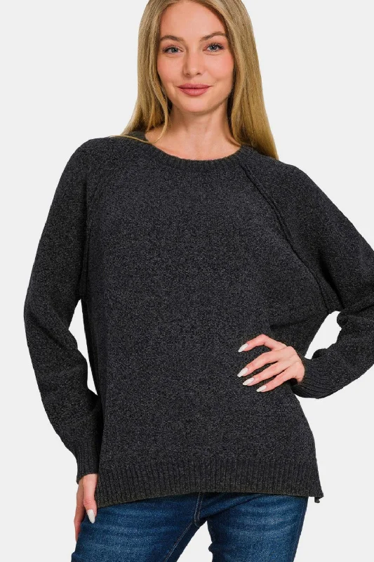 Zenana Side Slit Raglan Sleeve Sweater Black