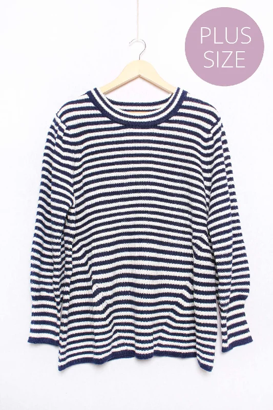 Women's Plus Long Sleeves Round Neck Striped Knitted Sweater