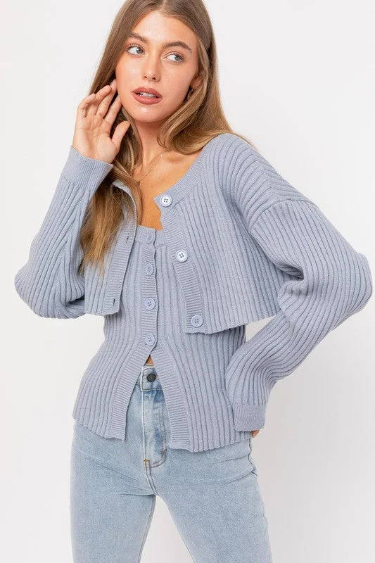 Dusty Blue Button Front Sweater Tube Top Cardigan