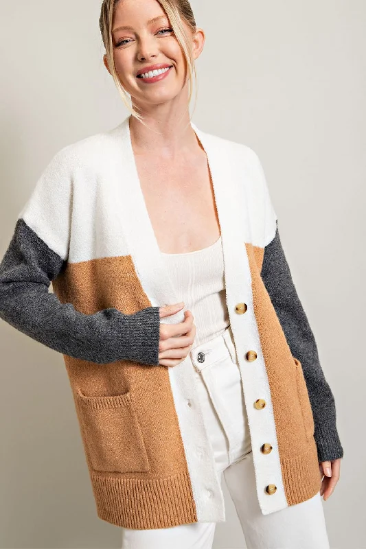 Camel Color Block Pocket Cardigan