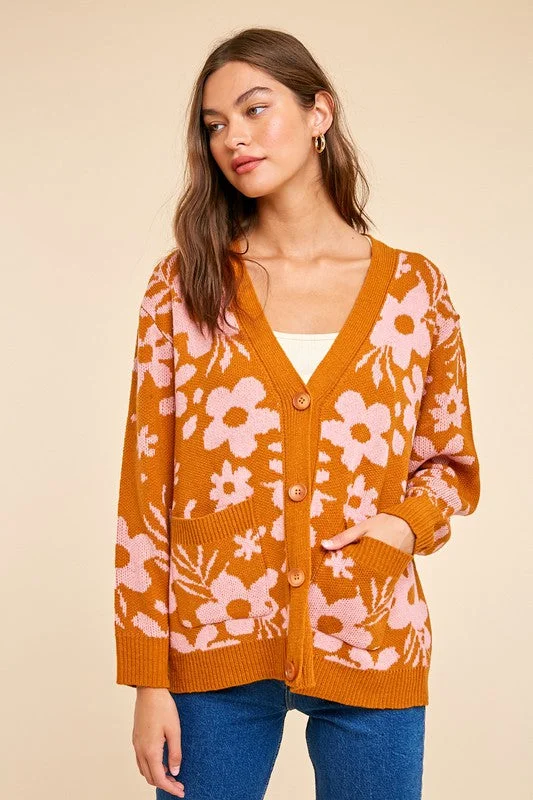 Camel Daisy Print Knitted Cardigan