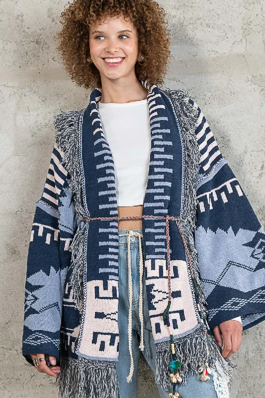 Indigo Blue Aztec pattern fringe chenille cardigan sweater