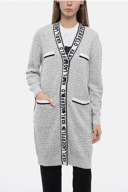 Karl Lagerfeld Boucle' Fabric FEMININE Cardigan with Logoed Bands