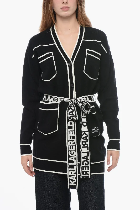 Karl Lagerfeld Cotton Blend Cardigan with Contrasting Details and Logoed Be