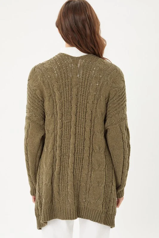 Olive Oil Chenille Cable Knit Oversized Open Front Cardigan