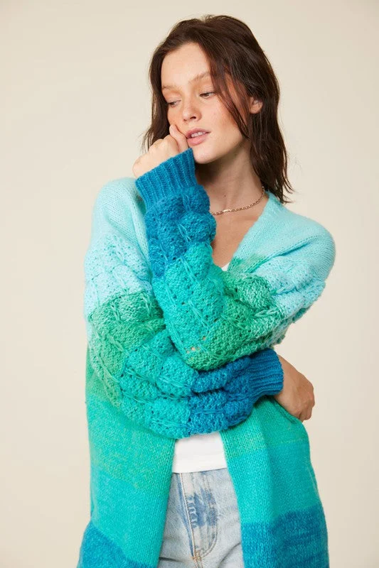 Blue Combo Open Front Cable Knit Multi Color Ombre Cardigan