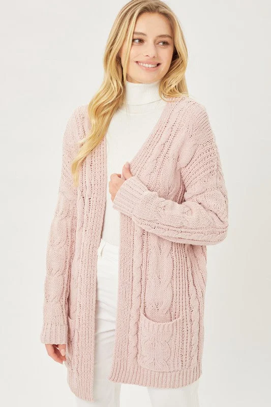 Putty Pink Chenille Cable Knit Oversized Open Front Cardigan