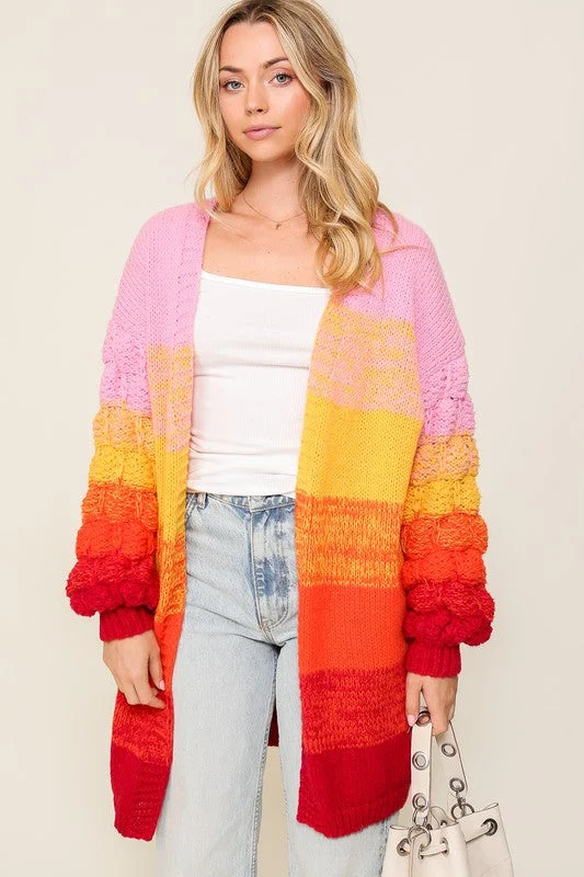 Rainbow Open Front Cable Knit Multi Color Ombre Cardigan