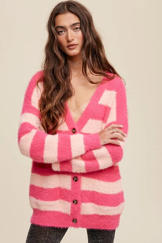 Pink Multi Striped Button Down Fuzzy Knit Cardigan