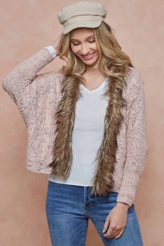 Pink Sweater Cardigan with Faux Fur Trim