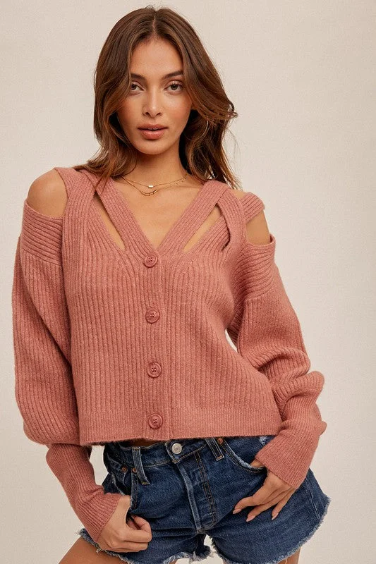 Marsala V-Neck Balloon Sleeve Criss-Cross Cutout Cardigan