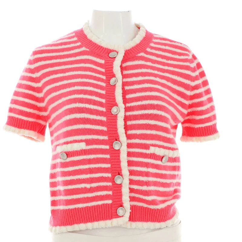 Women's Ruffle Striped Short Sleeve Crewneck Cardigan Cashmere and Linen Blend