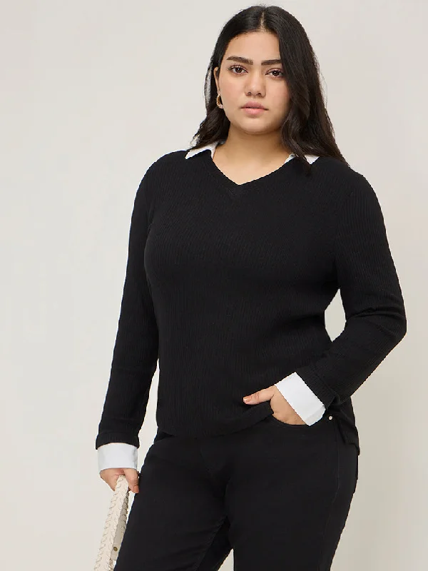 Gia Black Ribbed Collared T-Shirt