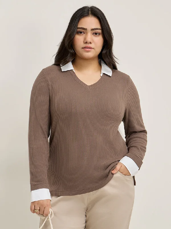 Gia Dark Brown Ribbed Collared T-Shirt