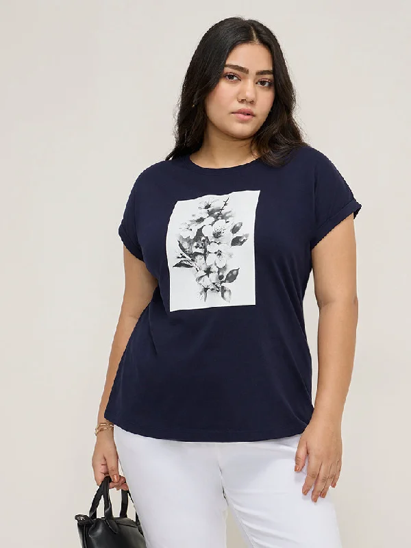 Gia Navy Printed Cotton T-Shirt